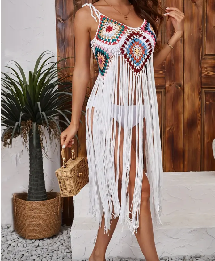 Crochet V- Neck Cover Up- WHITE