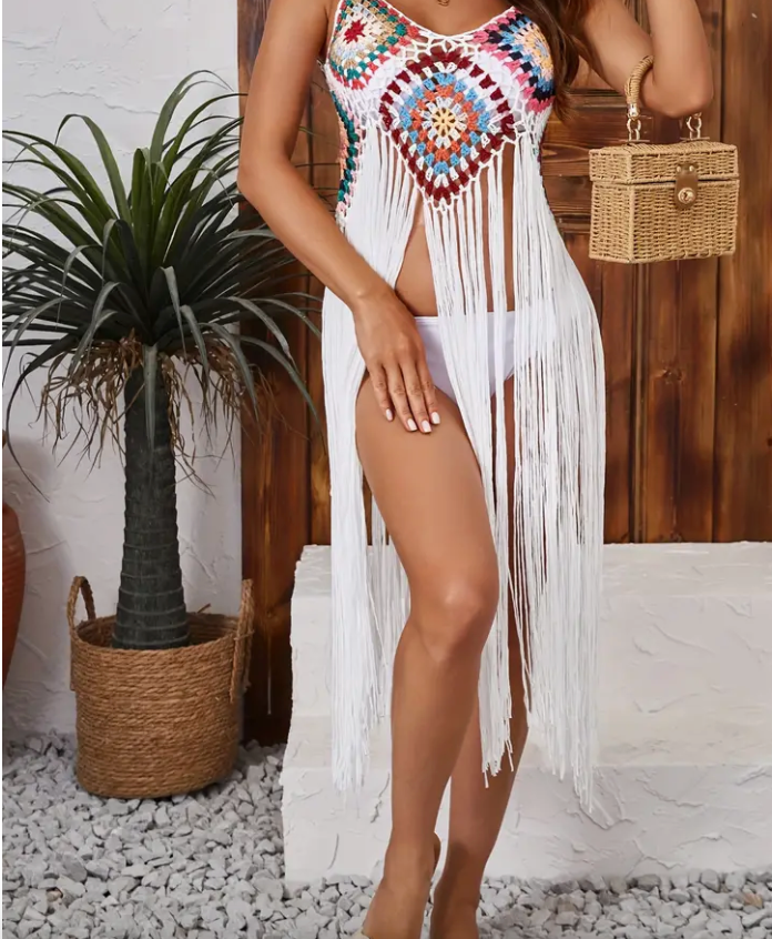 Crochet V- Neck Cover Up- WHITE